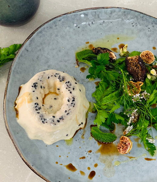Savoury Miso and Mushroom Panna Cotta with Fig and Garden Green Salad