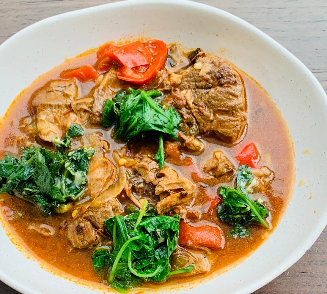 Mediterannean Beef Stew with Wilted Spinach