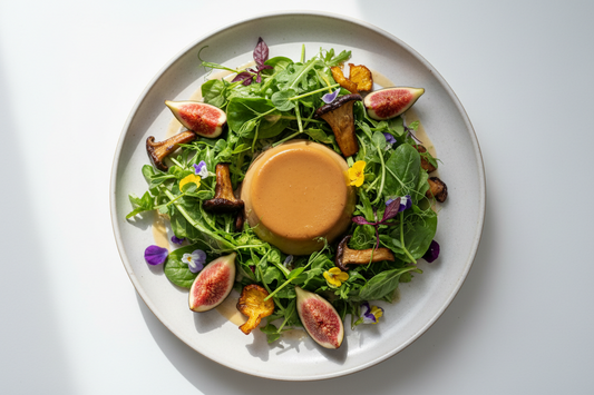 Savoury Miso and Mushroom Panna Cotta with Fig and Garden Green Salad
