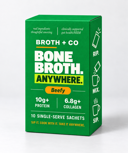 Broth & Co Beefy bone broth box containing 10 single-serve sachets